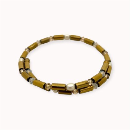 White and gold hematite, pearls and Swarovski crystals wrap bracelet 