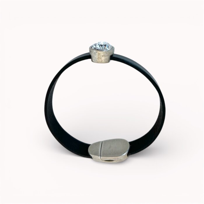 Black natural leather bracelet with swarovski crystal