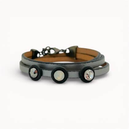 Grey natural leather bracelet with swarovski crystals