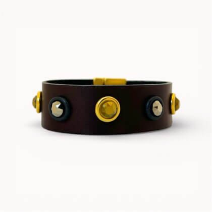 Wide brown natural leather bracelet with Swarovski crystals