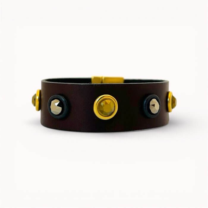 Wide brown natural leather bracelet with Swarovski crystals