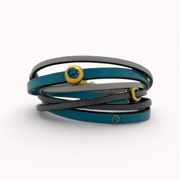 Blue and grey natural leather triple bracelet