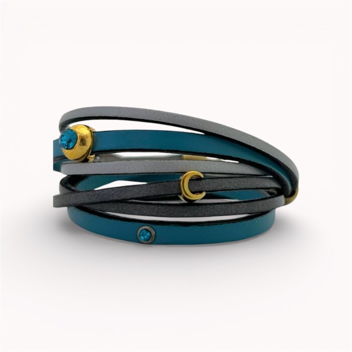 Blue and grey natural leather triple bracelet