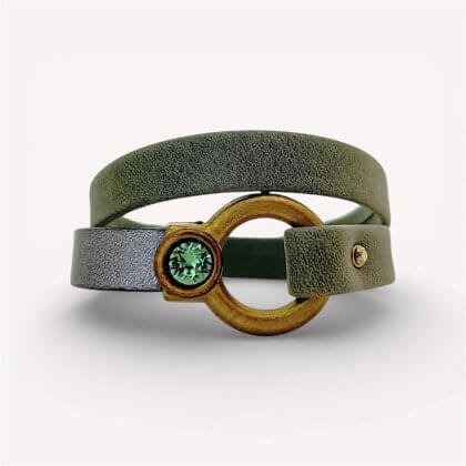 Green and gray natural leather bracelet with swarovski crystal