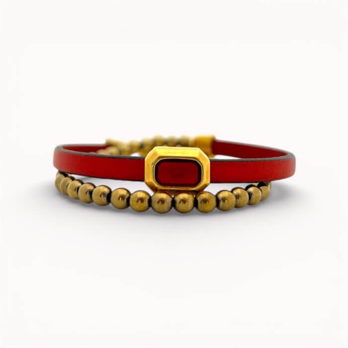 Red natural leather bracelet with hematite