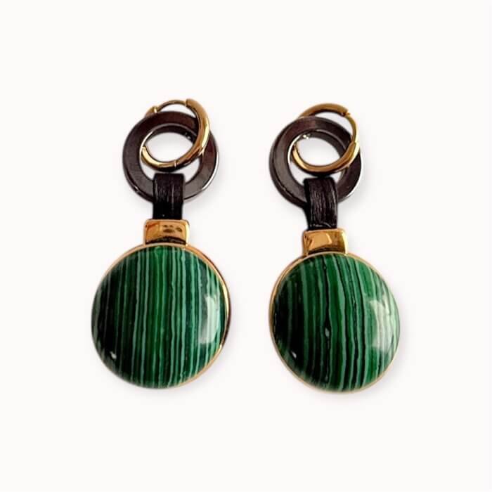 Green stabilized malachite and hematite hoop earrings