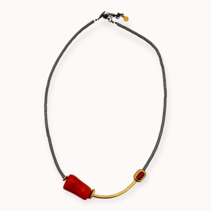 Minimalistic hematite and coral necklace