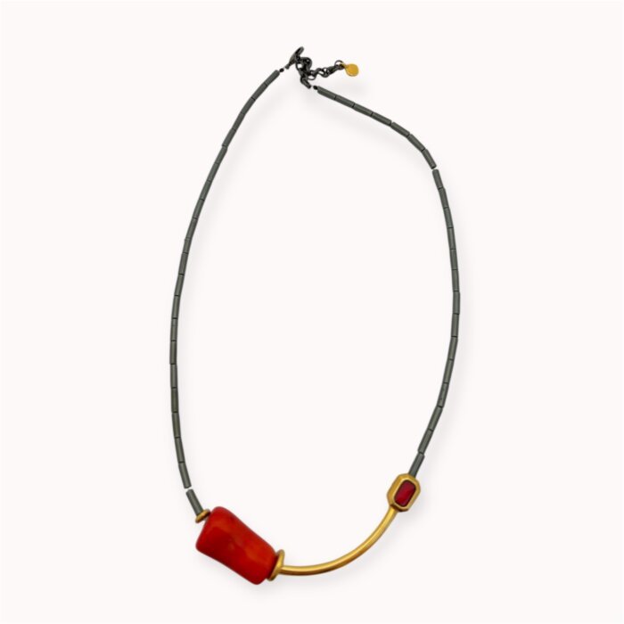Minimalistic hematite and coral necklace