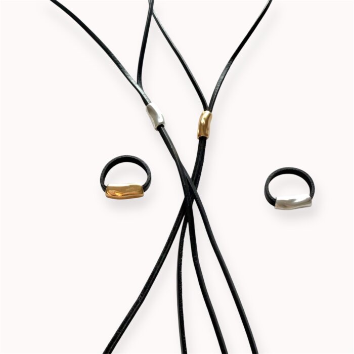 Black natural leather necklace and ring set