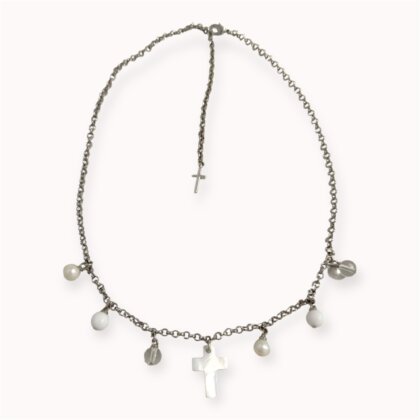 Chain with pearl, jadeite, glass and shell cross pendants