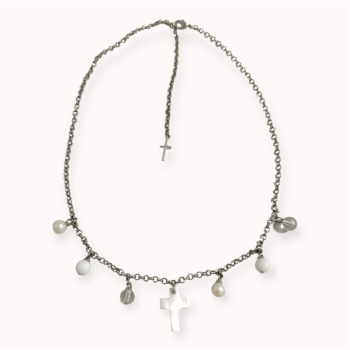 Chain with pearl, jadeite, glass and shell cross pendants