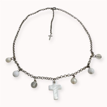 Chain with pearl, jadeite, glass and shell cross pendants