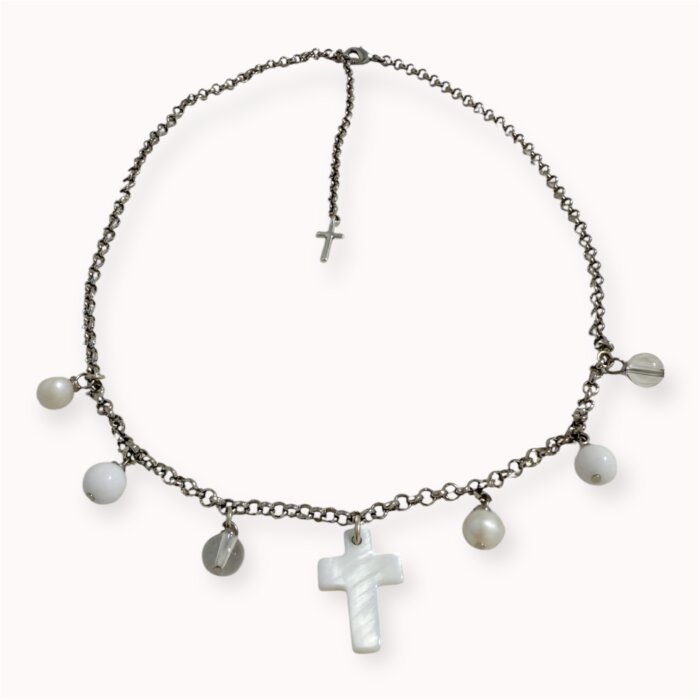 Chain with pearl, jadeite, glass and shell cross pendants