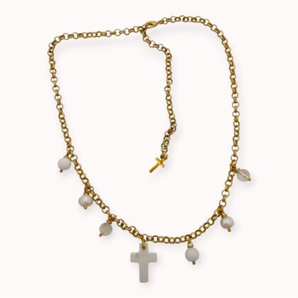 Chain with pearl, jadeite, glass and shell cross pendants