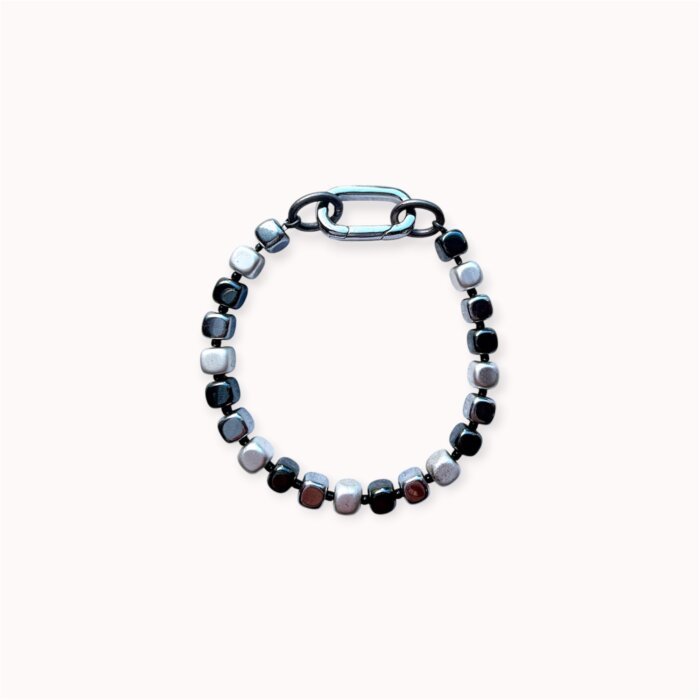 hematite-bracelet Hematite bracelet with carabiner detail