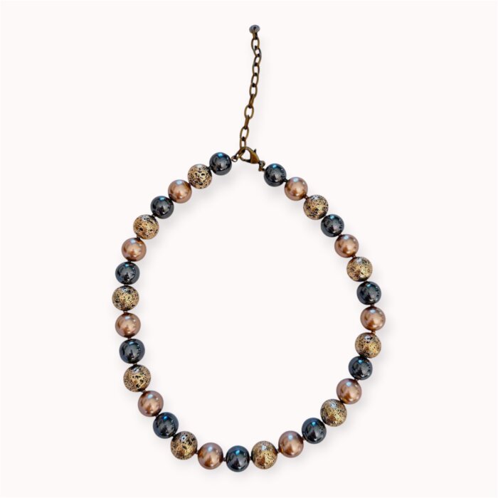 Brown and grey lava, hematite and Swarovski pearl necklace