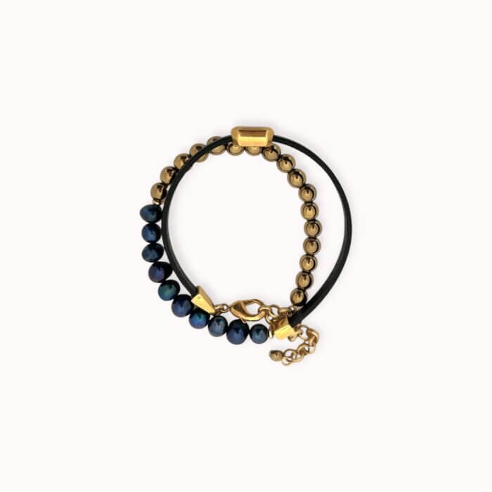 Blue natural leather, pearls and hematite wrapped bracelet