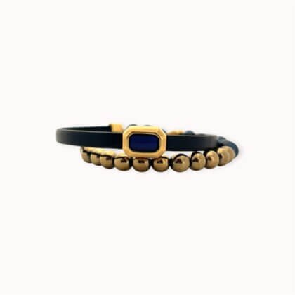 Mėlyna natūralios odos, perlų ir hematito apvyniojama apyrankė