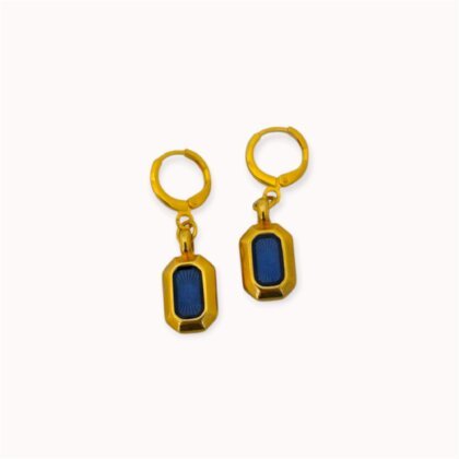 Gold plated drop earrings with blue enamel