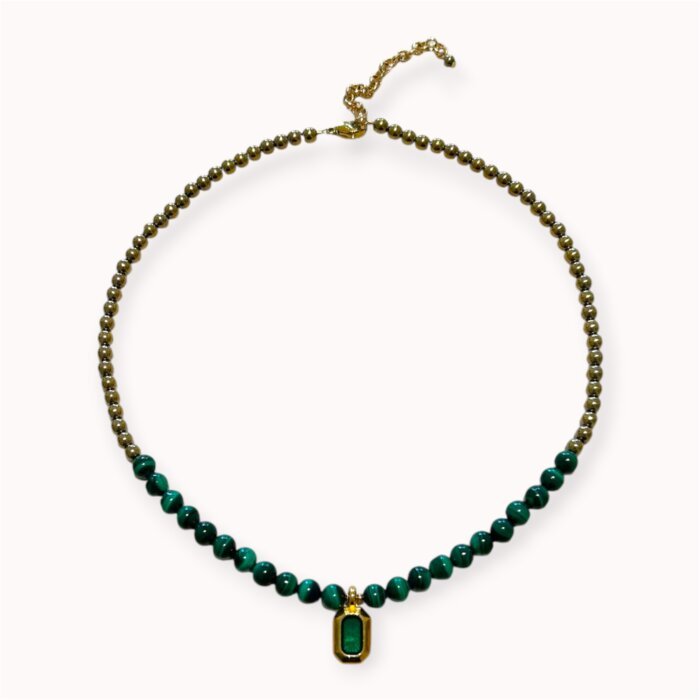 Green malachite and hematite neckalce with enamelled pendant