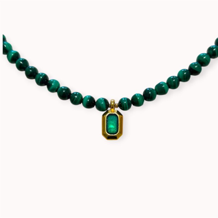 Green malachite and hematite neckalce with enamelled pendant