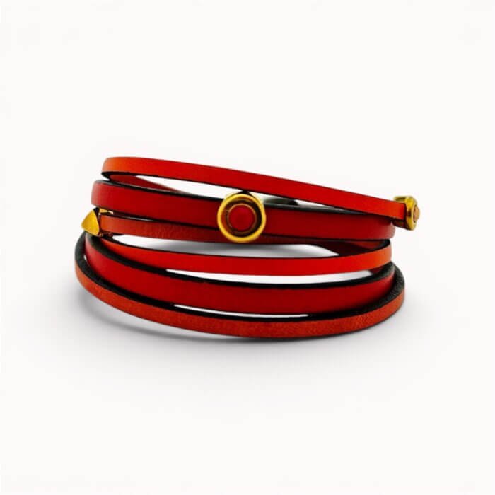 Red and orange natural leather triple bracelet