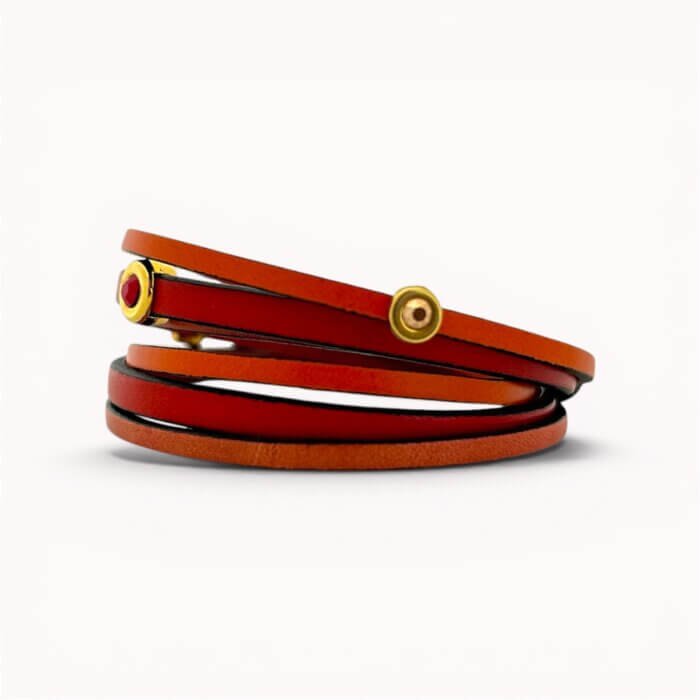 Red and orange natural leather triple bracelet