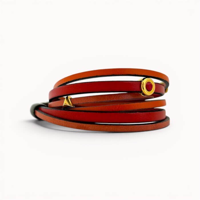 Red and orange natural leather triple bracelet