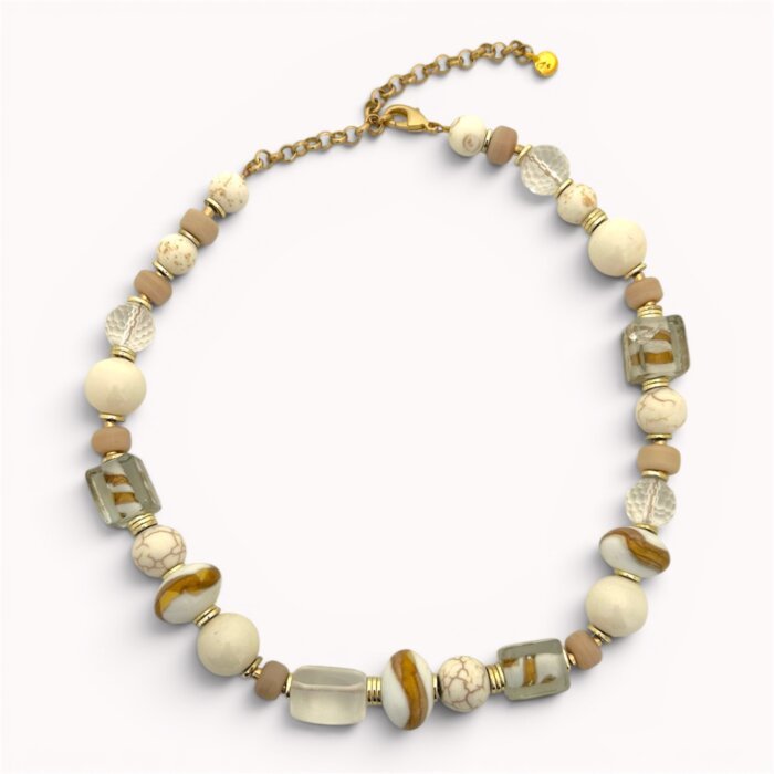 Brown and white necklace with jadeite, indian glass, howlite and ceramics