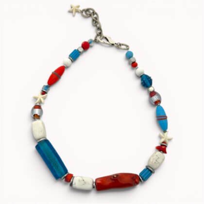 Blue, red and white necklace