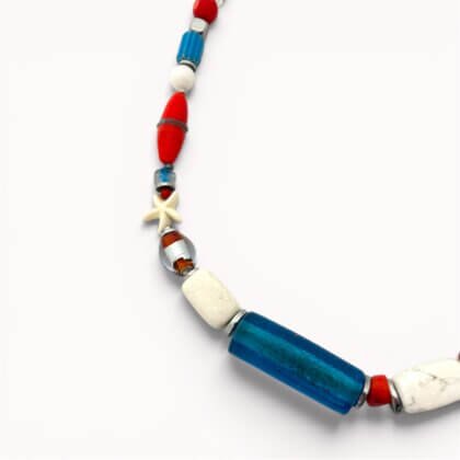 Blue, red and white necklace