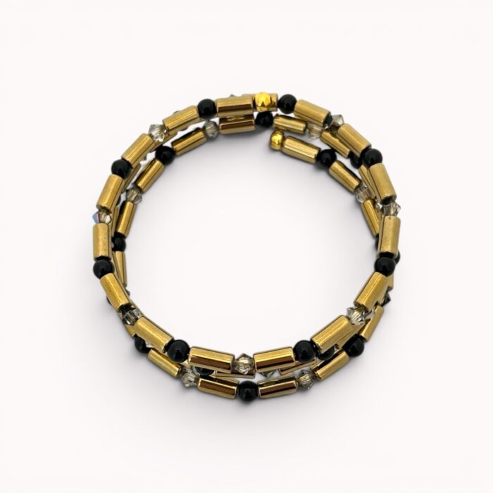 Black and gold hematite, onyx and Swarovski crystals wrap bracelet