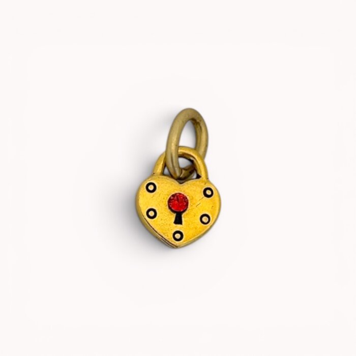Gold plated heart lock charm with red Swarovski crystal