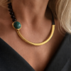 green Black natural leather necklace with obsidian and malachite