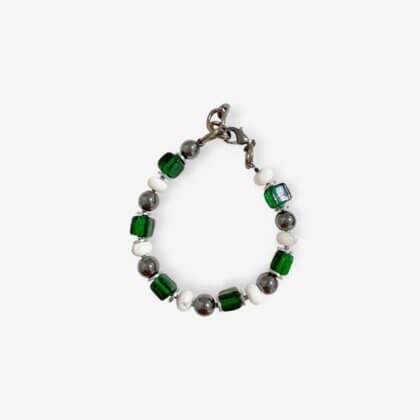 Green and white indian glass and grey hematite bracelet for men