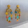 Colourful earrings, blue, pink, gold plated brass, stud earrings