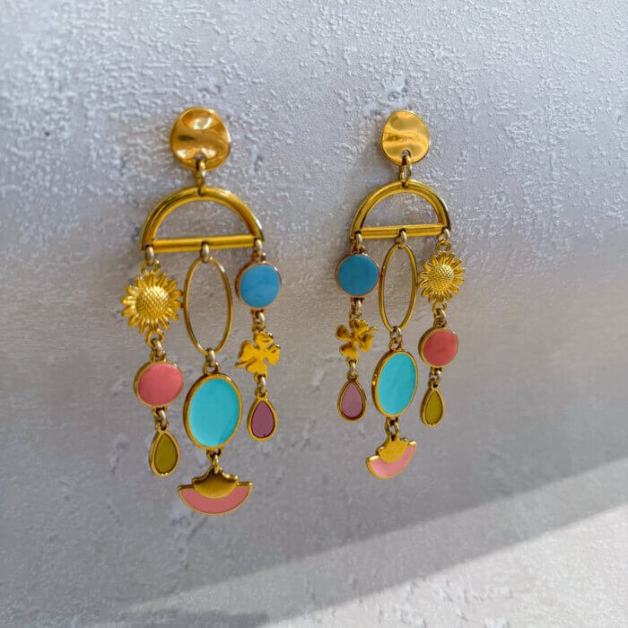 Colourful earrings, blue, pink, gold plated brass, stud earrings