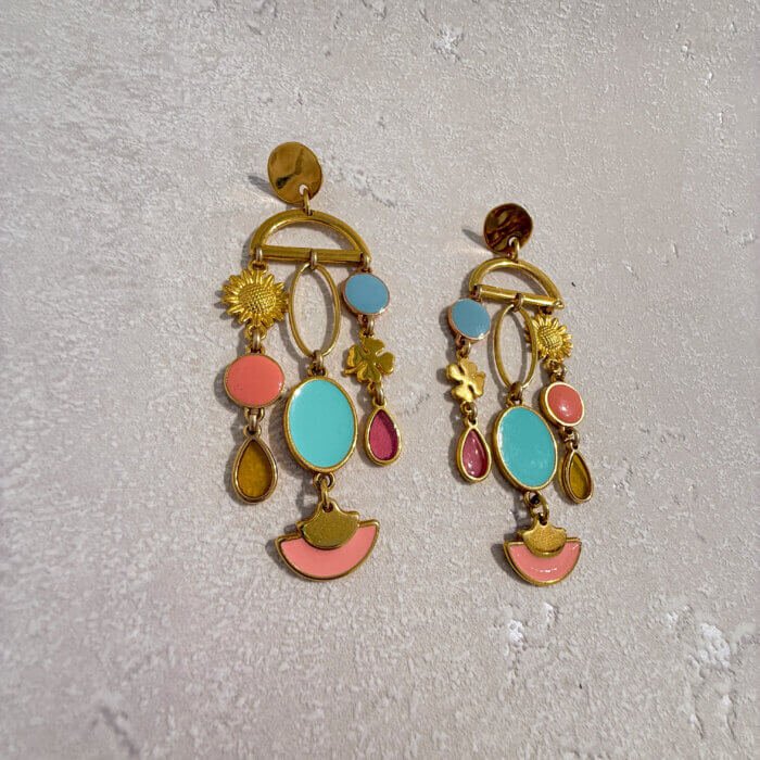 Colourful earrings, blue, pink, gold plated brass, stud earrings