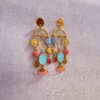 Colourful earrings, blue, pink, gold plated brass, stud earrings
