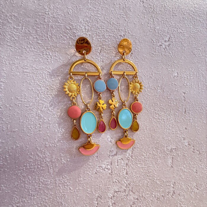 Colourful earrings, blue, pink, gold plated brass, stud earrings